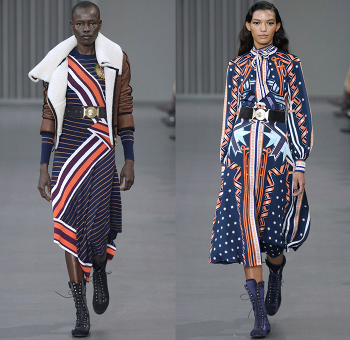 Temperley London 2018-2019 Fall Autumn Winter Womens Runway Catwalk Looks - London Fashion Week Collections UK - Trail Blazers 1940s Forties Aviator Pilot Military Badges Patches Khaki Fatigues Sheer Chiffon Tulle Geometric Ribbon Embroidery Bedazzled Sequins Clouds Stars Stripes Mesh Fishnet Silk Satin Fur Shearling Quilted Waffle Overcoat Kimono Blouse Shirt Turtleneck Sweater Field Flight Jacket Pantsuit Maxi Dress Gown Eveningwear Wide Leg Cutout Shoulders Combat Boots Wide Belt