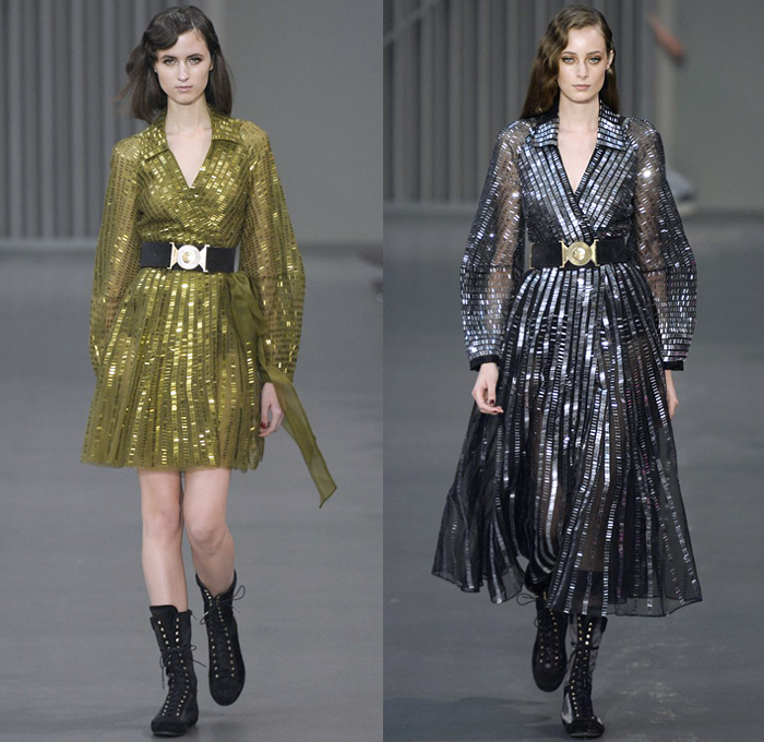 Temperley London 2018-2019 Fall Autumn Winter Womens Runway Catwalk Looks - London Fashion Week Collections UK - Trail Blazers 1940s Forties Aviator Pilot Military Badges Patches Khaki Fatigues Sheer Chiffon Tulle Geometric Ribbon Embroidery Bedazzled Sequins Clouds Stars Stripes Mesh Fishnet Silk Satin Fur Shearling Quilted Waffle Overcoat Kimono Blouse Shirt Turtleneck Sweater Field Flight Jacket Pantsuit Maxi Dress Gown Eveningwear Wide Leg Cutout Shoulders Combat Boots Wide Belt
