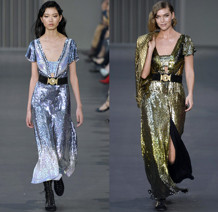 Temperley London 2018-2019 Fall Autumn Winter Womens Runway Catwalk Looks - London Fashion Week Collections UK - Trail Blazers 1940s Forties Aviator Pilot Military Badges Patches Khaki Fatigues Sheer Chiffon Tulle Geometric Ribbon Embroidery Bedazzled Sequins Clouds Stars Stripes Mesh Fishnet Silk Satin Fur Shearling Quilted Waffle Overcoat Kimono Blouse Shirt Turtleneck Sweater Field Flight Jacket Pantsuit Maxi Dress Gown Eveningwear Wide Leg Cutout Shoulders Combat Boots Wide Belt