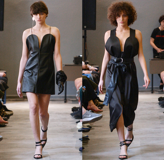 TEYÓ By Teo Gardapkhadze 2018-2019 Fall Autumn Winter Runway Catwalk Collection - Mercedes-Benz Fashion Week Tbilisi Georgia MBFW - Noodle Strap Petal Cup Top Curved Bust Reverse Collar Tie Up Waist Pinstripe Loop Closures Cutout Shoulders Cardigan Coat Robe Pantsuit Blazer Jacketdress Unitard Asymmetrical Hem Colorblock High Slit Skirt Maxi Dress Marble Stripes Shirtdress Caftan Hoodie Opera Gloves Open Toe Heels Thigh High Leather Boots Briefcase