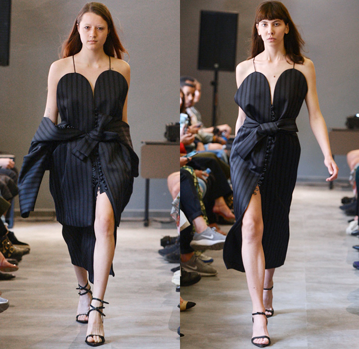 TEYÓ By Teo Gardapkhadze 2018-2019 Fall Autumn Winter Runway Catwalk Collection - Mercedes-Benz Fashion Week Tbilisi Georgia MBFW - Noodle Strap Petal Cup Top Curved Bust Reverse Collar Tie Up Waist Pinstripe Loop Closures Cutout Shoulders Cardigan Coat Robe Pantsuit Blazer Jacketdress Unitard Asymmetrical Hem Colorblock High Slit Skirt Maxi Dress Marble Stripes Shirtdress Caftan Hoodie Opera Gloves Open Toe Heels Thigh High Leather Boots Briefcase