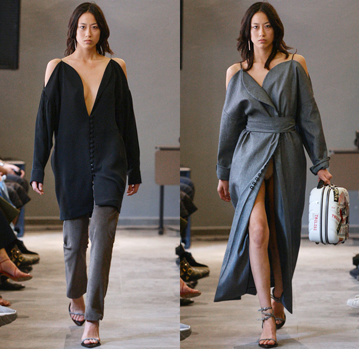 TEYÓ By Teo Gardapkhadze 2018-2019 Fall Autumn Winter Runway Catwalk Collection - Mercedes-Benz Fashion Week Tbilisi Georgia MBFW - Noodle Strap Petal Cup Top Curved Bust Reverse Collar Tie Up Waist Pinstripe Loop Closures Cutout Shoulders Cardigan Coat Robe Pantsuit Blazer Jacketdress Unitard Asymmetrical Hem Colorblock High Slit Skirt Maxi Dress Marble Stripes Shirtdress Caftan Hoodie Opera Gloves Open Toe Heels Thigh High Leather Boots Briefcase