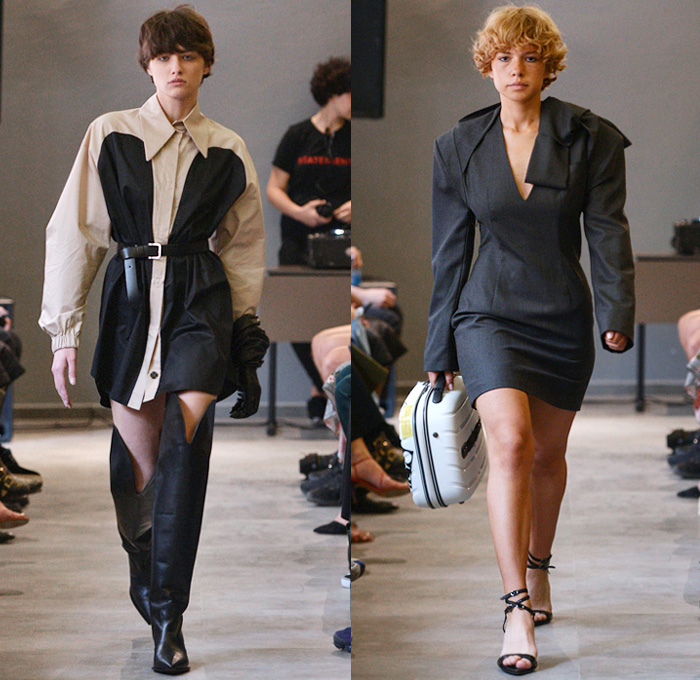 TEYÓ By Teo Gardapkhadze 2018-2019 Fall Autumn Winter Runway Catwalk Collection - Mercedes-Benz Fashion Week Tbilisi Georgia MBFW - Noodle Strap Petal Cup Top Curved Bust Reverse Collar Tie Up Waist Pinstripe Loop Closures Cutout Shoulders Cardigan Coat Robe Pantsuit Blazer Jacketdress Unitard Asymmetrical Hem Colorblock High Slit Skirt Maxi Dress Marble Stripes Shirtdress Caftan Hoodie Opera Gloves Open Toe Heels Thigh High Leather Boots Briefcase