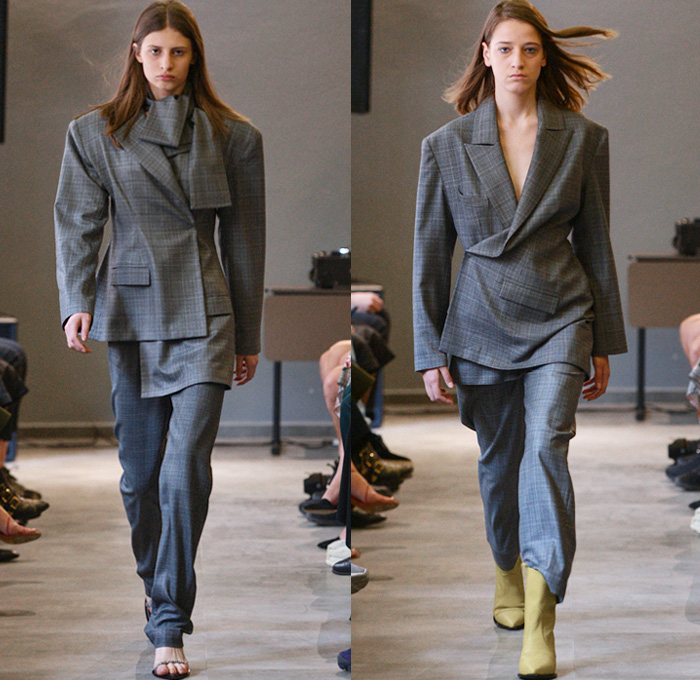 TEYÓ By Teo Gardapkhadze 2018-2019 Fall Autumn Winter Runway Catwalk Collection - Mercedes-Benz Fashion Week Tbilisi Georgia MBFW - Noodle Strap Petal Cup Top Curved Bust Reverse Collar Tie Up Waist Pinstripe Loop Closures Cutout Shoulders Cardigan Coat Robe Pantsuit Blazer Jacketdress Unitard Asymmetrical Hem Colorblock High Slit Skirt Maxi Dress Marble Stripes Shirtdress Caftan Hoodie Opera Gloves Open Toe Heels Thigh High Leather Boots Briefcase