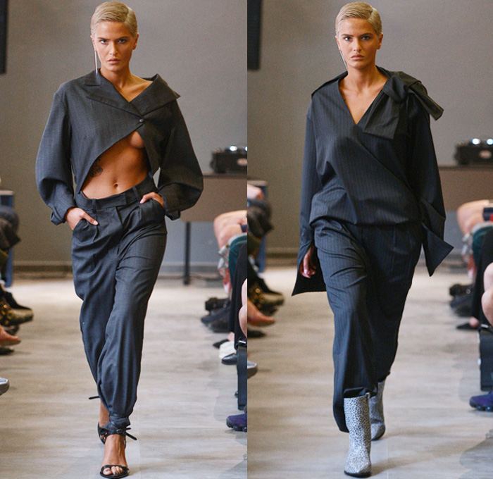 TEYÓ By Teo Gardapkhadze 2018-2019 Fall Autumn Winter Runway Catwalk Collection - Mercedes-Benz Fashion Week Tbilisi Georgia MBFW - Noodle Strap Petal Cup Top Curved Bust Reverse Collar Tie Up Waist Pinstripe Loop Closures Cutout Shoulders Cardigan Coat Robe Pantsuit Blazer Jacketdress Unitard Asymmetrical Hem Colorblock High Slit Skirt Maxi Dress Marble Stripes Shirtdress Caftan Hoodie Opera Gloves Open Toe Heels Thigh High Leather Boots Briefcase