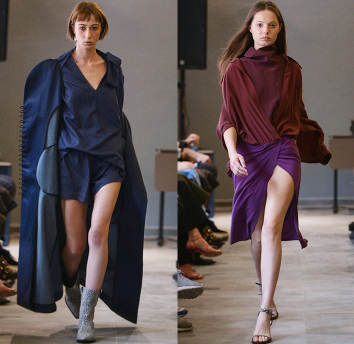 TEYÓ By Teo Gardapkhadze 2018-2019 Fall Autumn Winter Runway Catwalk Collection - Mercedes-Benz Fashion Week Tbilisi Georgia MBFW - Noodle Strap Petal Cup Top Curved Bust Reverse Collar Tie Up Waist Pinstripe Loop Closures Cutout Shoulders Cardigan Coat Robe Pantsuit Blazer Jacketdress Unitard Asymmetrical Hem Colorblock High Slit Skirt Maxi Dress Marble Stripes Shirtdress Caftan Hoodie Opera Gloves Open Toe Heels Thigh High Leather Boots Briefcase