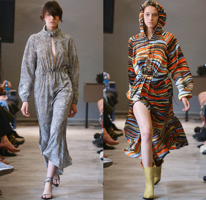 TEYÓ By Teo Gardapkhadze 2018-2019 Fall Autumn Winter Runway Catwalk Collection - Mercedes-Benz Fashion Week Tbilisi Georgia MBFW - Noodle Strap Petal Cup Top Curved Bust Reverse Collar Tie Up Waist Pinstripe Loop Closures Cutout Shoulders Cardigan Coat Robe Pantsuit Blazer Jacketdress Unitard Asymmetrical Hem Colorblock High Slit Skirt Maxi Dress Marble Stripes Shirtdress Caftan Hoodie Opera Gloves Open Toe Heels Thigh High Leather Boots Briefcase