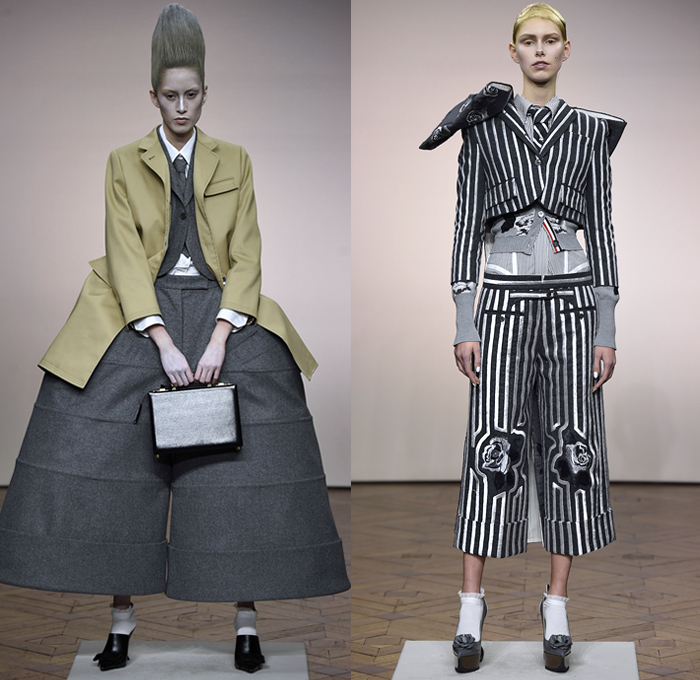 Thom Browne 2018-2019 Fall Autumn Winter Womens Runway Catwalk Looks - Mode à Paris Fashion Week France - Vigée Le Brun Élisabeth Stone Bust Stripes Embroidery 3D Floral Flowers Sculptural Fringes Hybrid Combo Plaid Check Lace Leopard Giant Bow Fish Scales Sheer Tulle Accordion Pleats Half Split Fur Coat Robe Parka Quilted Blazer Pantsuit Blouse Knit  Sweater Cardigan Crop Top Noodle Strap Wide Leg Culottes Pencil Skirt Bustier Dress Gown Shorts Handbag Purse Platform Shoes Brogues Necktie