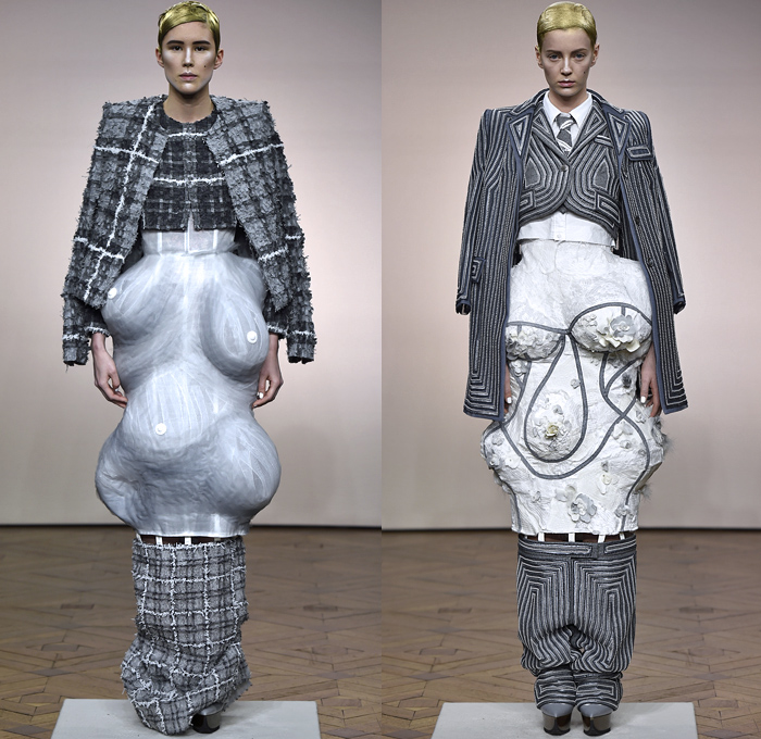 Thom Browne 2018-2019 Fall Autumn Winter Womens Runway Catwalk Looks - Mode à Paris Fashion Week France - Vigée Le Brun Élisabeth Stone Bust Stripes Embroidery 3D Floral Flowers Sculptural Fringes Hybrid Combo Plaid Check Lace Leopard Giant Bow Fish Scales Sheer Tulle Accordion Pleats Half Split Fur Coat Robe Parka Quilted Blazer Pantsuit Blouse Knit  Sweater Cardigan Crop Top Noodle Strap Wide Leg Culottes Pencil Skirt Bustier Dress Gown Shorts Handbag Purse Platform Shoes Brogues Necktie