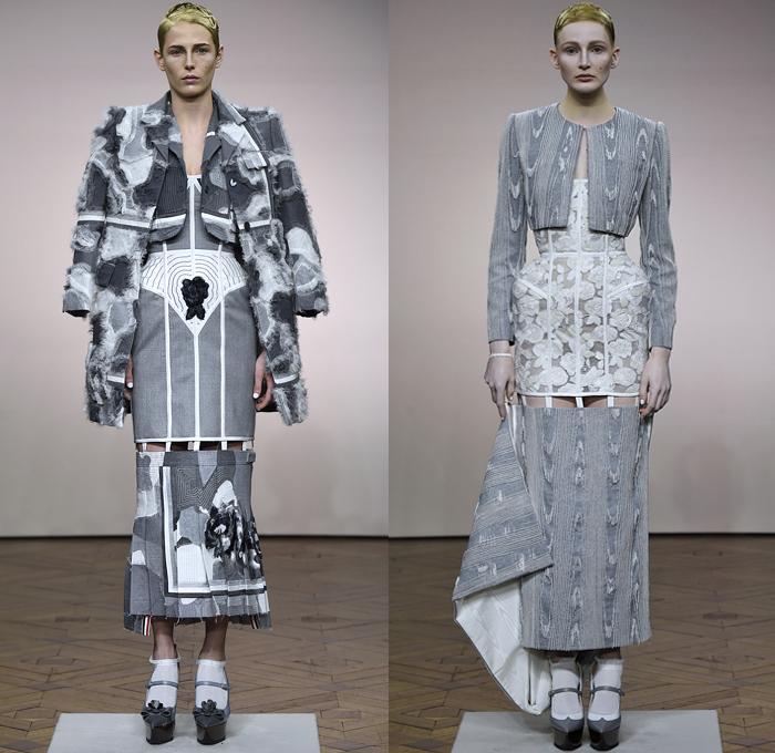 Thom Browne 2018-2019 Fall Autumn Winter Womens Runway Catwalk Looks - Mode à Paris Fashion Week France - Vigée Le Brun Élisabeth Stone Bust Stripes Embroidery 3D Floral Flowers Sculptural Fringes Hybrid Combo Plaid Check Lace Leopard Giant Bow Fish Scales Sheer Tulle Accordion Pleats Half Split Fur Coat Robe Parka Quilted Blazer Pantsuit Blouse Knit  Sweater Cardigan Crop Top Noodle Strap Wide Leg Culottes Pencil Skirt Bustier Dress Gown Shorts Handbag Purse Platform Shoes Brogues Necktie