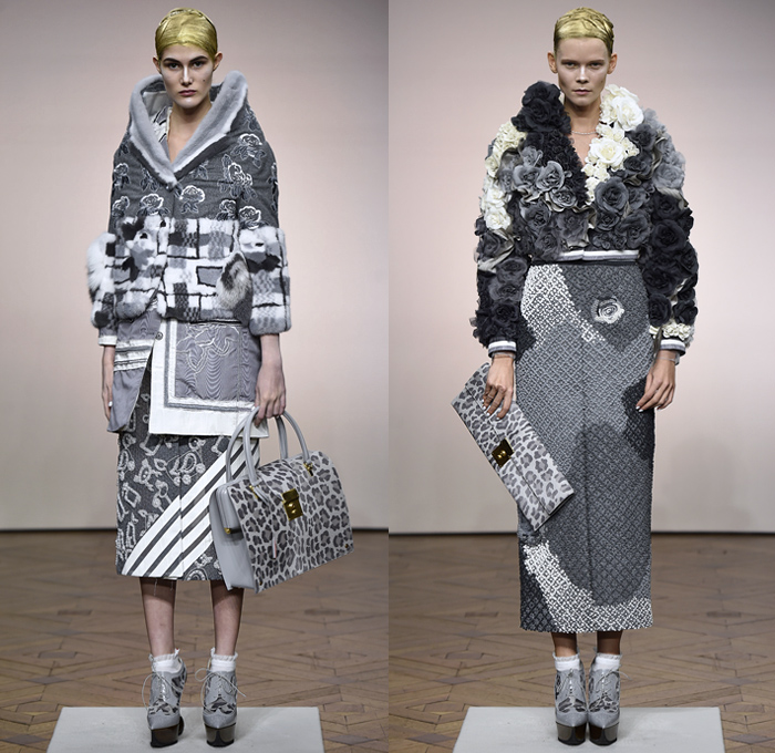 Thom Browne 2018-2019 Fall Autumn Winter Womens Runway Catwalk Looks - Mode à Paris Fashion Week France - Vigée Le Brun Élisabeth Stone Bust Stripes Embroidery 3D Floral Flowers Sculptural Fringes Hybrid Combo Plaid Check Lace Leopard Giant Bow Fish Scales Sheer Tulle Accordion Pleats Half Split Fur Coat Robe Parka Quilted Blazer Pantsuit Blouse Knit  Sweater Cardigan Crop Top Noodle Strap Wide Leg Culottes Pencil Skirt Bustier Dress Gown Shorts Handbag Purse Platform Shoes Brogues Necktie