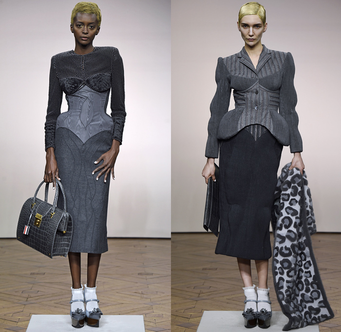 Thom Browne 2018-2019 Fall Autumn Winter Womens Runway Catwalk Looks - Mode à Paris Fashion Week France - Vigée Le Brun Élisabeth Stone Bust Stripes Embroidery 3D Floral Flowers Sculptural Fringes Hybrid Combo Plaid Check Lace Leopard Giant Bow Fish Scales Sheer Tulle Accordion Pleats Half Split Fur Coat Robe Parka Quilted Blazer Pantsuit Blouse Knit  Sweater Cardigan Crop Top Noodle Strap Wide Leg Culottes Pencil Skirt Bustier Dress Gown Shorts Handbag Purse Platform Shoes Brogues Necktie