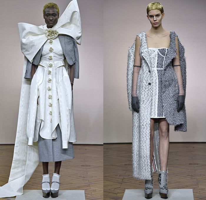 Thom Browne 2018-2019 Fall Autumn Winter Womens Runway Catwalk Looks - Mode à Paris Fashion Week France - Vigée Le Brun Élisabeth Stone Bust Stripes Embroidery 3D Floral Flowers Sculptural Fringes Hybrid Combo Plaid Check Lace Leopard Giant Bow Fish Scales Sheer Tulle Accordion Pleats Half Split Fur Coat Robe Parka Quilted Blazer Pantsuit Blouse Knit  Sweater Cardigan Crop Top Noodle Strap Wide Leg Culottes Pencil Skirt Bustier Dress Gown Shorts Handbag Purse Platform Shoes Brogues Necktie