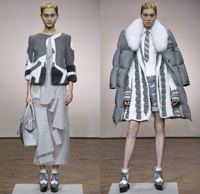 Thom Browne 2018-2019 Fall Autumn Winter Womens Runway Catwalk Looks - Mode à Paris Fashion Week France - Vigée Le Brun Élisabeth Stone Bust Stripes Embroidery 3D Floral Flowers Sculptural Fringes Hybrid Combo Plaid Check Lace Leopard Giant Bow Fish Scales Sheer Tulle Accordion Pleats Half Split Fur Coat Robe Parka Quilted Blazer Pantsuit Blouse Knit  Sweater Cardigan Crop Top Noodle Strap Wide Leg Culottes Pencil Skirt Bustier Dress Gown Shorts Handbag Purse Platform Shoes Brogues Necktie