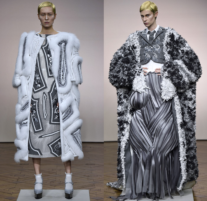 Thom Browne 2018-2019 Fall Autumn Winter Womens Runway Catwalk Looks - Mode à Paris Fashion Week France - Vigée Le Brun Élisabeth Stone Bust Stripes Embroidery 3D Floral Flowers Sculptural Fringes Hybrid Combo Plaid Check Lace Leopard Giant Bow Fish Scales Sheer Tulle Accordion Pleats Half Split Fur Coat Robe Parka Quilted Blazer Pantsuit Blouse Knit  Sweater Cardigan Crop Top Noodle Strap Wide Leg Culottes Pencil Skirt Bustier Dress Gown Shorts Handbag Purse Platform Shoes Brogues Necktie