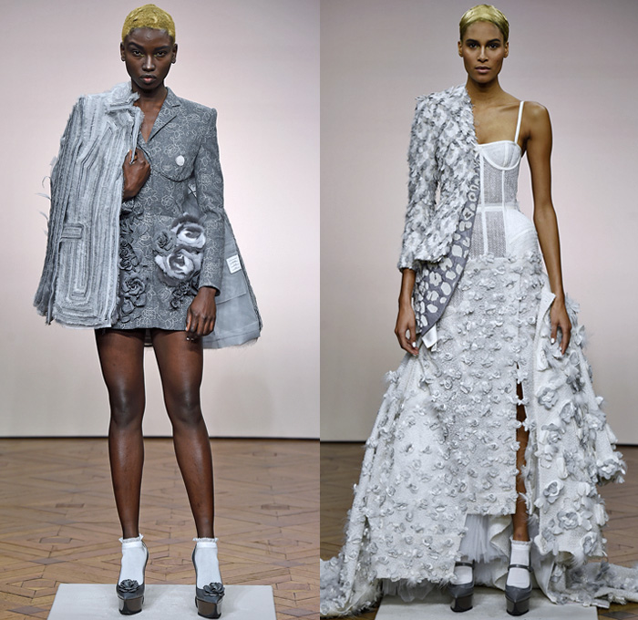 Thom Browne 2018-2019 Fall Autumn Winter Womens Runway Catwalk Looks - Mode à Paris Fashion Week France - Vigée Le Brun Élisabeth Stone Bust Stripes Embroidery 3D Floral Flowers Sculptural Fringes Hybrid Combo Plaid Check Lace Leopard Giant Bow Fish Scales Sheer Tulle Accordion Pleats Half Split Fur Coat Robe Parka Quilted Blazer Pantsuit Blouse Knit  Sweater Cardigan Crop Top Noodle Strap Wide Leg Culottes Pencil Skirt Bustier Dress Gown Shorts Handbag Purse Platform Shoes Brogues Necktie