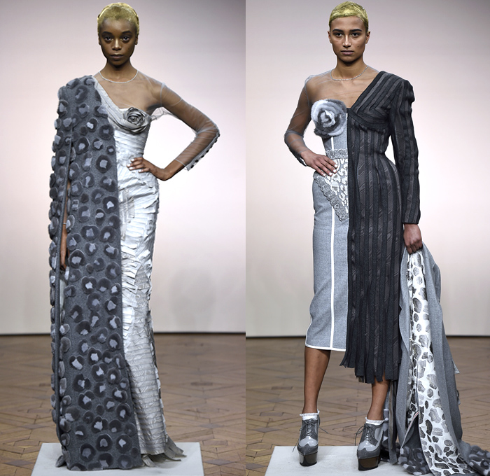 Thom Browne 2018-2019 Fall Autumn Winter Womens Runway Catwalk Looks - Mode à Paris Fashion Week France - Vigée Le Brun Élisabeth Stone Bust Stripes Embroidery 3D Floral Flowers Sculptural Fringes Hybrid Combo Plaid Check Lace Leopard Giant Bow Fish Scales Sheer Tulle Accordion Pleats Half Split Fur Coat Robe Parka Quilted Blazer Pantsuit Blouse Knit  Sweater Cardigan Crop Top Noodle Strap Wide Leg Culottes Pencil Skirt Bustier Dress Gown Shorts Handbag Purse Platform Shoes Brogues Necktie