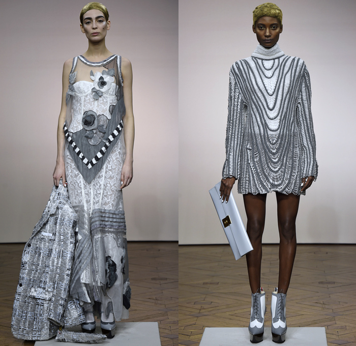 Thom Browne 2018-2019 Fall Autumn Winter Womens Runway Catwalk Looks - Mode à Paris Fashion Week France - Vigée Le Brun Élisabeth Stone Bust Stripes Embroidery 3D Floral Flowers Sculptural Fringes Hybrid Combo Plaid Check Lace Leopard Giant Bow Fish Scales Sheer Tulle Accordion Pleats Half Split Fur Coat Robe Parka Quilted Blazer Pantsuit Blouse Knit  Sweater Cardigan Crop Top Noodle Strap Wide Leg Culottes Pencil Skirt Bustier Dress Gown Shorts Handbag Purse Platform Shoes Brogues Necktie