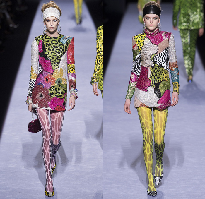 Tom Ford 2018-2019 Fall Autumn Winter Womens Runway Catwalk Looks - New York Fashion Week NYFW - 1980s Eighties Beverly Hills 90210 Embroidery Bedazzled Crystals Sequins Sparkles Leopard Zebra Flowers Floral Mix Sheer Chiffon Ruffles Velvet Snake Pantsuit Turtleneck Sweater Halterneck Noodle Strap Knot Bow Plush Fur Shearling Leather Quilted Puffer Overcoat Tiered Dress Leggings Stockings Tights Fishnet Cutout Waist Onesie Coveralls Wide Headband Heels Micro Bag Loop Earrings Wrist Cuffs