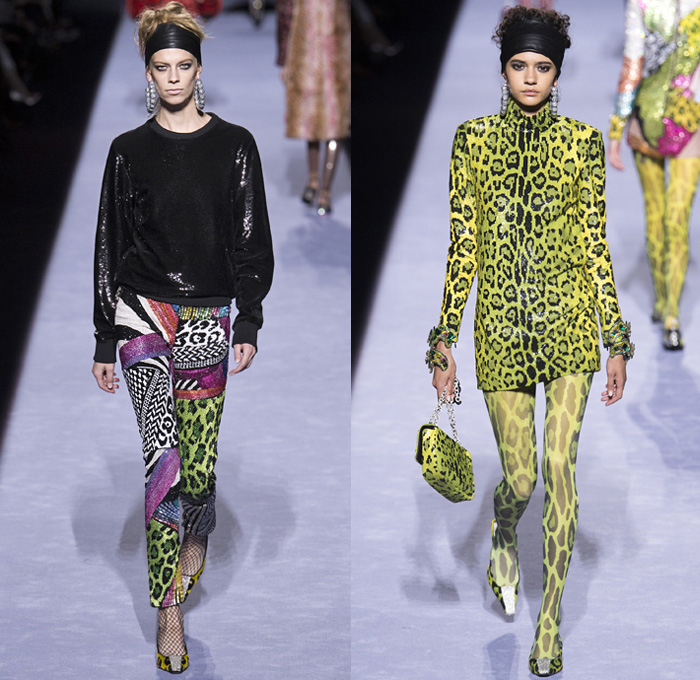 Tom Ford 2018-2019 Fall Autumn Winter Womens Runway Catwalk Looks - New York Fashion Week NYFW - 1980s Eighties Beverly Hills 90210 Embroidery Bedazzled Crystals Sequins Sparkles Leopard Zebra Flowers Floral Mix Sheer Chiffon Ruffles Velvet Snake Pantsuit Turtleneck Sweater Halterneck Noodle Strap Knot Bow Plush Fur Shearling Leather Quilted Puffer Overcoat Tiered Dress Leggings Stockings Tights Fishnet Cutout Waist Onesie Coveralls Wide Headband Heels Micro Bag Loop Earrings Wrist Cuffs