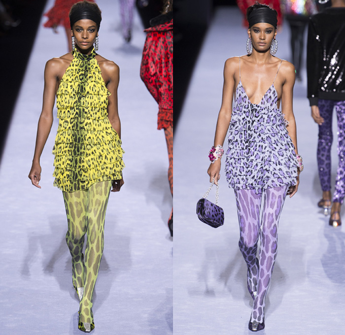 Tom Ford 2018-2019 Fall Autumn Winter Womens Runway Catwalk Looks - New York Fashion Week NYFW - 1980s Eighties Beverly Hills 90210 Embroidery Bedazzled Crystals Sequins Sparkles Leopard Zebra Flowers Floral Mix Sheer Chiffon Ruffles Velvet Snake Pantsuit Turtleneck Sweater Halterneck Noodle Strap Knot Bow Plush Fur Shearling Leather Quilted Puffer Overcoat Tiered Dress Leggings Stockings Tights Fishnet Cutout Waist Onesie Coveralls Wide Headband Heels Micro Bag Loop Earrings Wrist Cuffs