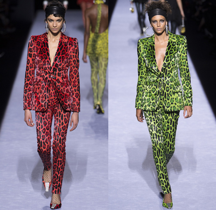 Tom Ford 2018-2019 Fall Autumn Winter Womens Runway Catwalk Looks - New York Fashion Week NYFW - 1980s Eighties Beverly Hills 90210 Embroidery Bedazzled Crystals Sequins Sparkles Leopard Zebra Flowers Floral Mix Sheer Chiffon Ruffles Velvet Snake Pantsuit Turtleneck Sweater Halterneck Noodle Strap Knot Bow Plush Fur Shearling Leather Quilted Puffer Overcoat Tiered Dress Leggings Stockings Tights Fishnet Cutout Waist Onesie Coveralls Wide Headband Heels Micro Bag Loop Earrings Wrist Cuffs