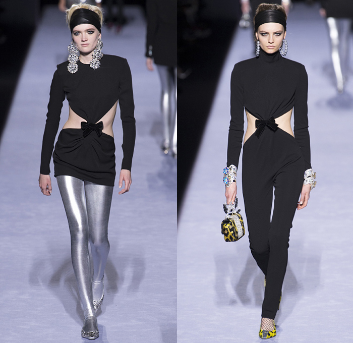 Tom Ford 2018-2019 Fall Autumn Winter Womens Runway Catwalk Looks - New York Fashion Week NYFW - 1980s Eighties Beverly Hills 90210 Embroidery Bedazzled Crystals Sequins Sparkles Leopard Zebra Flowers Floral Mix Sheer Chiffon Ruffles Velvet Snake Pantsuit Turtleneck Sweater Halterneck Noodle Strap Knot Bow Plush Fur Shearling Leather Quilted Puffer Overcoat Tiered Dress Leggings Stockings Tights Fishnet Cutout Waist Onesie Coveralls Wide Headband Heels Micro Bag Loop Earrings Wrist Cuffs