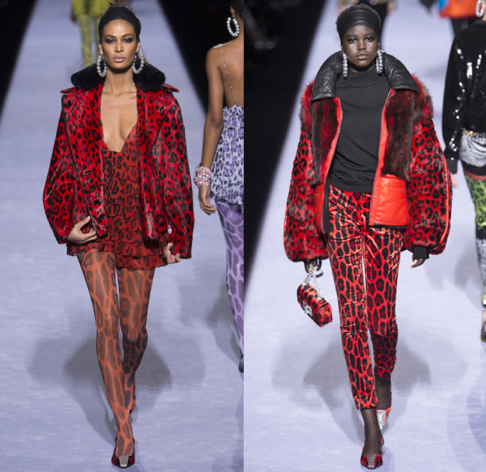 Tom Ford 2018-2019 Fall Autumn Winter Womens Runway Catwalk Looks - New York Fashion Week NYFW - 1980s Eighties Beverly Hills 90210 Embroidery Bedazzled Crystals Sequins Sparkles Leopard Zebra Flowers Floral Mix Sheer Chiffon Ruffles Velvet Snake Pantsuit Turtleneck Sweater Halterneck Noodle Strap Knot Bow Plush Fur Shearling Leather Quilted Puffer Overcoat Tiered Dress Leggings Stockings Tights Fishnet Cutout Waist Onesie Coveralls Wide Headband Heels Micro Bag Loop Earrings Wrist Cuffs