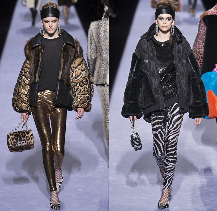 Tom Ford 2018-2019 Fall Autumn Winter Womens Runway Catwalk Looks - New York Fashion Week NYFW - 1980s Eighties Beverly Hills 90210 Embroidery Bedazzled Crystals Sequins Sparkles Leopard Zebra Flowers Floral Mix Sheer Chiffon Ruffles Velvet Snake Pantsuit Turtleneck Sweater Halterneck Noodle Strap Knot Bow Plush Fur Shearling Leather Quilted Puffer Overcoat Tiered Dress Leggings Stockings Tights Fishnet Cutout Waist Onesie Coveralls Wide Headband Heels Micro Bag Loop Earrings Wrist Cuffs