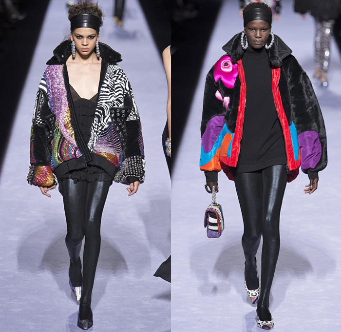 Tom Ford 2018-2019 Fall Autumn Winter Womens Runway Catwalk Looks - New York Fashion Week NYFW - 1980s Eighties Beverly Hills 90210 Embroidery Bedazzled Crystals Sequins Sparkles Leopard Zebra Flowers Floral Mix Sheer Chiffon Ruffles Velvet Snake Pantsuit Turtleneck Sweater Halterneck Noodle Strap Knot Bow Plush Fur Shearling Leather Quilted Puffer Overcoat Tiered Dress Leggings Stockings Tights Fishnet Cutout Waist Onesie Coveralls Wide Headband Heels Micro Bag Loop Earrings Wrist Cuffs
