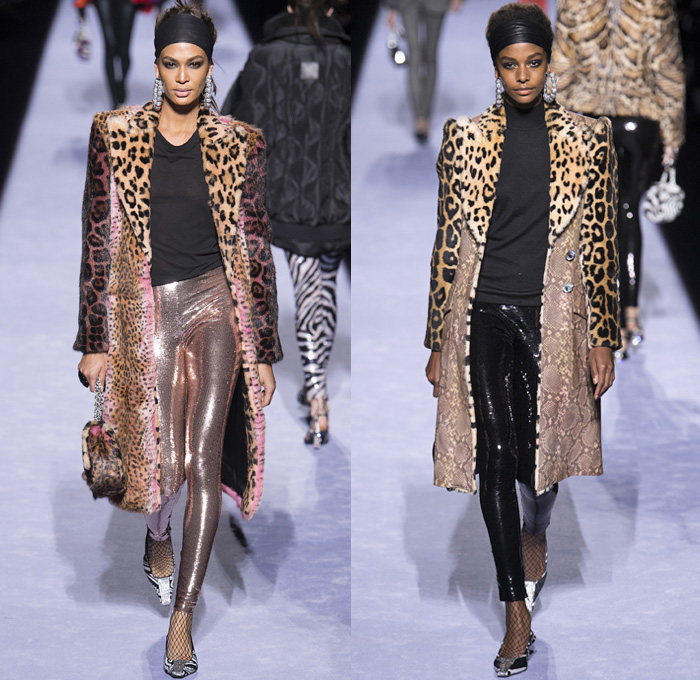 Tom Ford 2018-2019 Fall Autumn Winter Womens Runway Catwalk Looks - New York Fashion Week NYFW - 1980s Eighties Beverly Hills 90210 Embroidery Bedazzled Crystals Sequins Sparkles Leopard Zebra Flowers Floral Mix Sheer Chiffon Ruffles Velvet Snake Pantsuit Turtleneck Sweater Halterneck Noodle Strap Knot Bow Plush Fur Shearling Leather Quilted Puffer Overcoat Tiered Dress Leggings Stockings Tights Fishnet Cutout Waist Onesie Coveralls Wide Headband Heels Micro Bag Loop Earrings Wrist Cuffs