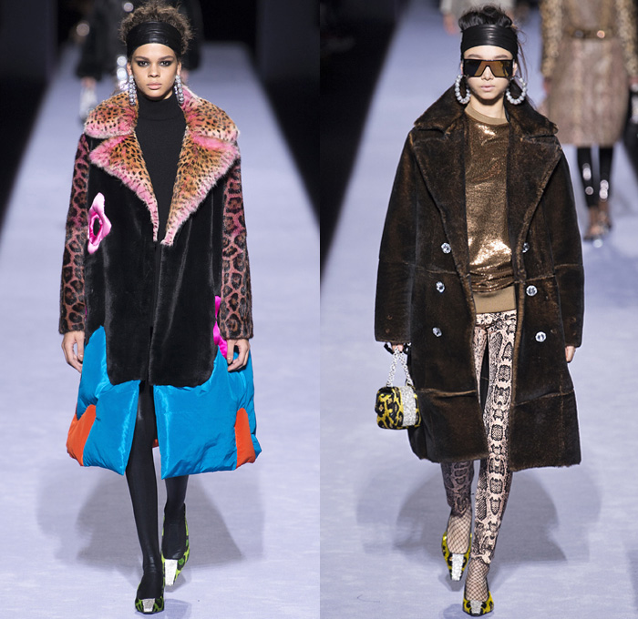 Tom Ford 2018-2019 Fall Autumn Winter Womens Runway Catwalk Looks - New York Fashion Week NYFW - 1980s Eighties Beverly Hills 90210 Embroidery Bedazzled Crystals Sequins Sparkles Leopard Zebra Flowers Floral Mix Sheer Chiffon Ruffles Velvet Snake Pantsuit Turtleneck Sweater Halterneck Noodle Strap Knot Bow Plush Fur Shearling Leather Quilted Puffer Overcoat Tiered Dress Leggings Stockings Tights Fishnet Cutout Waist Onesie Coveralls Wide Headband Heels Micro Bag Loop Earrings Wrist Cuffs