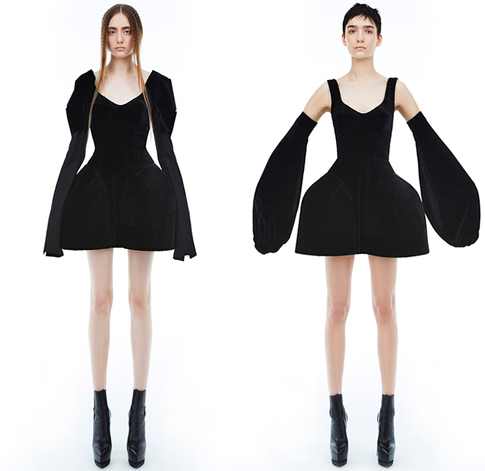 Vera Wang 2018-2019 Fall Autumn Winter Womens Lookbook Presentation - Mode à Paris Fashion Week France - The Tudors 16th Century England Madonna Structural Sculptural Angular Medieval Warrior Bulb Bloated Lace Velvet Panels Satin Coat Jacket Knit Sweater Elongated Hem Sleeves Cone Bralette Armor Sleeves Crop Top Midriff Cargo Pockets Pantsuit Strapless Cutout Shoulders Peplum Dome Bell Skirt Shorts Super Flare Dress Gown Eveningwear Tutu Draped Platform Shoes Boots Sunglasses Shades