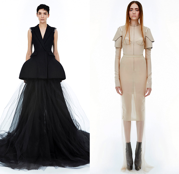 Vera Wang 2018-2019 Fall Autumn Winter Womens Lookbook Presentation - Mode à Paris Fashion Week France - The Tudors 16th Century England Madonna Structural Sculptural Angular Medieval Warrior Bulb Bloated Lace Velvet Panels Satin Coat Jacket Knit Sweater Elongated Hem Sleeves Cone Bralette Armor Sleeves Crop Top Midriff Cargo Pockets Pantsuit Strapless Cutout Shoulders Peplum Dome Bell Skirt Shorts Super Flare Dress Gown Eveningwear Tutu Draped Platform Shoes Boots Sunglasses Shades