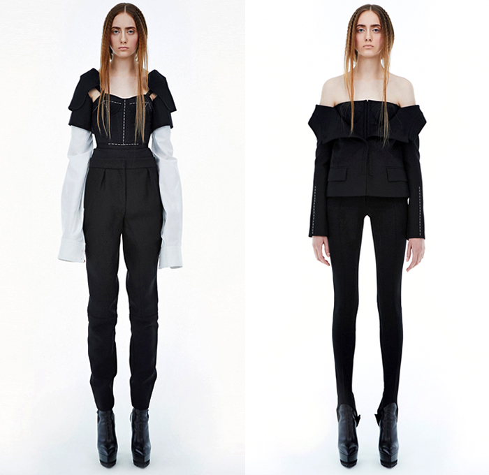 Vera Wang 2018-2019 Fall Autumn Winter Womens Lookbook Presentation - Mode à Paris Fashion Week France - The Tudors 16th Century England Madonna Structural Sculptural Angular Medieval Warrior Bulb Bloated Lace Velvet Panels Satin Coat Jacket Knit Sweater Elongated Hem Sleeves Cone Bralette Armor Sleeves Crop Top Midriff Cargo Pockets Pantsuit Strapless Cutout Shoulders Peplum Dome Bell Skirt Shorts Super Flare Dress Gown Eveningwear Tutu Draped Platform Shoes Boots Sunglasses Shades