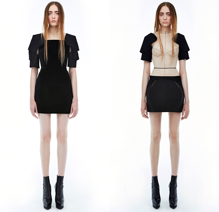 Vera Wang 2018-2019 Fall Autumn Winter Womens Lookbook Presentation - Mode à Paris Fashion Week France - The Tudors 16th Century England Madonna Structural Sculptural Angular Medieval Warrior Bulb Bloated Lace Velvet Panels Satin Coat Jacket Knit Sweater Elongated Hem Sleeves Cone Bralette Armor Sleeves Crop Top Midriff Cargo Pockets Pantsuit Strapless Cutout Shoulders Peplum Dome Bell Skirt Shorts Super Flare Dress Gown Eveningwear Tutu Draped Platform Shoes Boots Sunglasses Shades