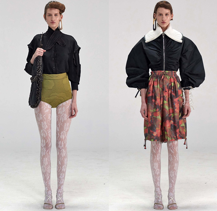 Véronique Leroy 2018-2019 Fall Autumn Winter Womens Lookbook Presentation - Mode à Paris Fashion Week France - Plush Fur Shearling Nylon Parka Anorak Vest Waistcoat Coat Sheer Chiffon Blouse Fold Over Collar Leg O'Mutton Sleeves Knit Sweater Cardigan Crop Top Midriff Cinch Pleats Maxi Dress Jeans Hotpants Leggings Shorts Culottes Parachute Pants Wide Leg Flowers Floral Quilted Drawstring Tweed Plaid Check Abstract Ruffles Handbag Tote Heels Scarf Neon Fanny Pack Waist Pouch Belt Bum Bag Corset