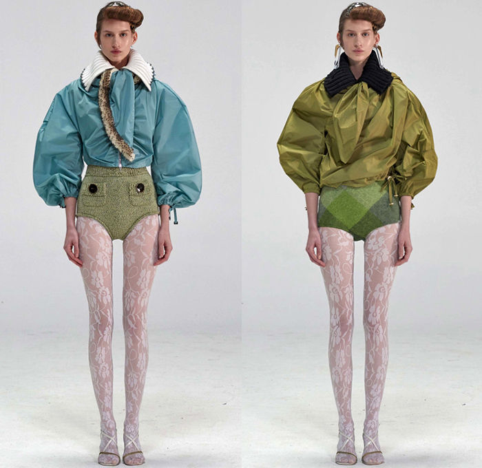 Véronique Leroy 2018-2019 Fall Autumn Winter Womens Lookbook Presentation - Mode à Paris Fashion Week France - Plush Fur Shearling Nylon Parka Anorak Vest Waistcoat Coat Sheer Chiffon Blouse Fold Over Collar Leg O'Mutton Sleeves Knit Sweater Cardigan Crop Top Midriff Cinch Pleats Maxi Dress Jeans Hotpants Leggings Shorts Culottes Parachute Pants Wide Leg Flowers Floral Quilted Drawstring Tweed Plaid Check Abstract Ruffles Handbag Tote Heels Scarf Neon Fanny Pack Waist Pouch Belt Bum Bag Corset