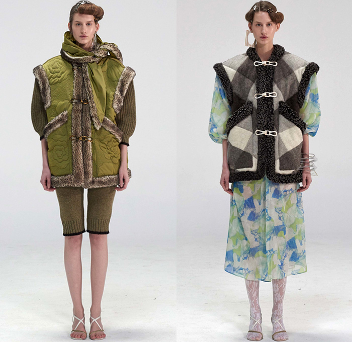 Véronique Leroy 2018-2019 Fall Autumn Winter Womens Lookbook Presentation - Mode à Paris Fashion Week France - Plush Fur Shearling Nylon Parka Anorak Vest Waistcoat Coat Sheer Chiffon Blouse Fold Over Collar Leg O'Mutton Sleeves Knit Sweater Cardigan Crop Top Midriff Cinch Pleats Maxi Dress Jeans Hotpants Leggings Shorts Culottes Parachute Pants Wide Leg Flowers Floral Quilted Drawstring Tweed Plaid Check Abstract Ruffles Handbag Tote Heels Scarf Neon Fanny Pack Waist Pouch Belt Bum Bag Corset