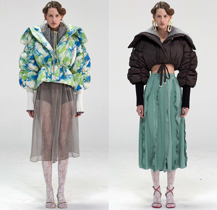 Véronique Leroy 2018-2019 Fall Autumn Winter Womens Lookbook Presentation - Mode à Paris Fashion Week France - Plush Fur Shearling Nylon Parka Anorak Vest Waistcoat Coat Sheer Chiffon Blouse Fold Over Collar Leg O'Mutton Sleeves Knit Sweater Cardigan Crop Top Midriff Cinch Pleats Maxi Dress Jeans Hotpants Leggings Shorts Culottes Parachute Pants Wide Leg Flowers Floral Quilted Drawstring Tweed Plaid Check Abstract Ruffles Handbag Tote Heels Scarf Neon Fanny Pack Waist Pouch Belt Bum Bag Corset