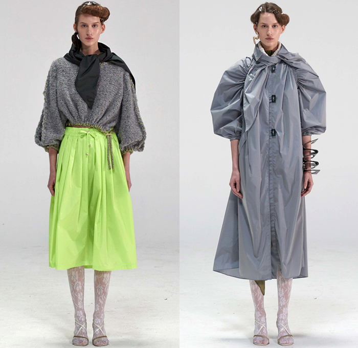 Véronique Leroy 2018-2019 Fall Autumn Winter Womens Lookbook Presentation - Mode à Paris Fashion Week France - Plush Fur Shearling Nylon Parka Anorak Vest Waistcoat Coat Sheer Chiffon Blouse Fold Over Collar Leg O'Mutton Sleeves Knit Sweater Cardigan Crop Top Midriff Cinch Pleats Maxi Dress Jeans Hotpants Leggings Shorts Culottes Parachute Pants Wide Leg Flowers Floral Quilted Drawstring Tweed Plaid Check Abstract Ruffles Handbag Tote Heels Scarf Neon Fanny Pack Waist Pouch Belt Bum Bag Corset