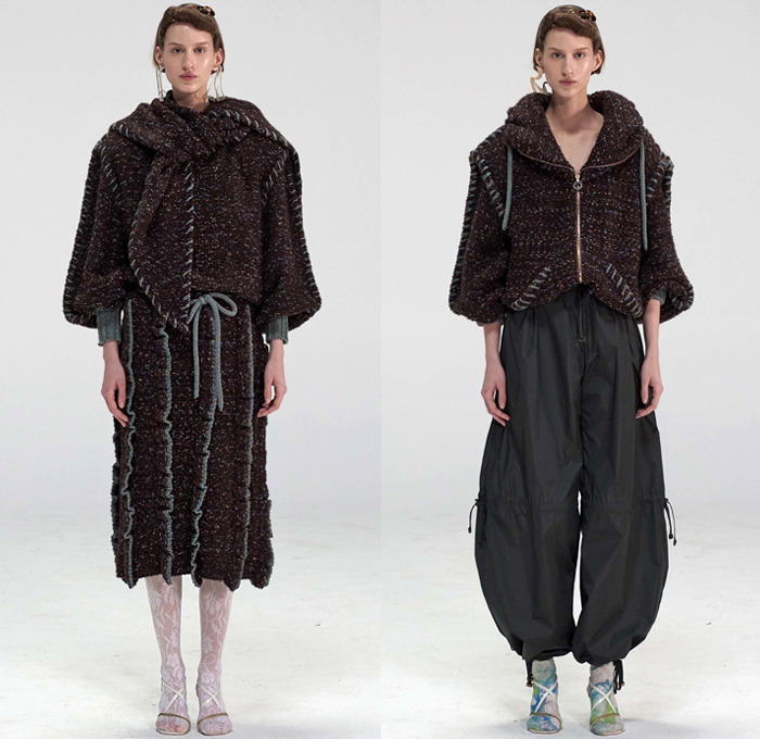 Véronique Leroy 2018-2019 Fall Autumn Winter Womens Lookbook Presentation - Mode à Paris Fashion Week France - Plush Fur Shearling Nylon Parka Anorak Vest Waistcoat Coat Sheer Chiffon Blouse Fold Over Collar Leg O'Mutton Sleeves Knit Sweater Cardigan Crop Top Midriff Cinch Pleats Maxi Dress Jeans Hotpants Leggings Shorts Culottes Parachute Pants Wide Leg Flowers Floral Quilted Drawstring Tweed Plaid Check Abstract Ruffles Handbag Tote Heels Scarf Neon Fanny Pack Waist Pouch Belt Bum Bag Corset