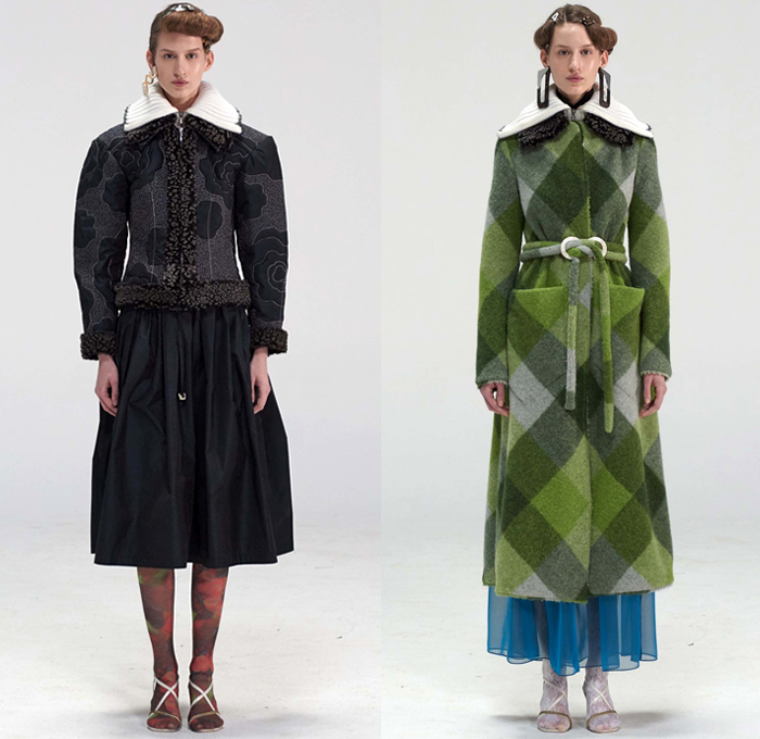 Véronique Leroy 2018-2019 Fall Autumn Winter Womens Lookbook Presentation - Mode à Paris Fashion Week France - Plush Fur Shearling Nylon Parka Anorak Vest Waistcoat Coat Sheer Chiffon Blouse Fold Over Collar Leg O'Mutton Sleeves Knit Sweater Cardigan Crop Top Midriff Cinch Pleats Maxi Dress Jeans Hotpants Leggings Shorts Culottes Parachute Pants Wide Leg Flowers Floral Quilted Drawstring Tweed Plaid Check Abstract Ruffles Handbag Tote Heels Scarf Neon Fanny Pack Waist Pouch Belt Bum Bag Corset