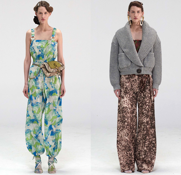 Véronique Leroy 2018-2019 Fall Autumn Winter Womens Lookbook Presentation - Mode à Paris Fashion Week France - Plush Fur Shearling Nylon Parka Anorak Vest Waistcoat Coat Sheer Chiffon Blouse Fold Over Collar Leg O'Mutton Sleeves Knit Sweater Cardigan Crop Top Midriff Cinch Pleats Maxi Dress Jeans Hotpants Leggings Shorts Culottes Parachute Pants Wide Leg Flowers Floral Quilted Drawstring Tweed Plaid Check Abstract Ruffles Handbag Tote Heels Scarf Neon Fanny Pack Waist Pouch Belt Bum Bag Corset