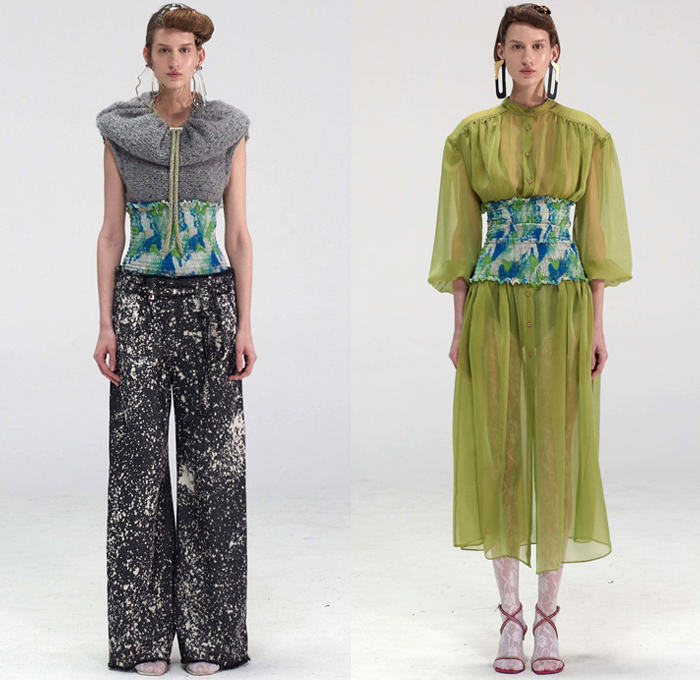 Véronique Leroy 2018-2019 Fall Autumn Winter Womens Lookbook Presentation - Mode à Paris Fashion Week France - Plush Fur Shearling Nylon Parka Anorak Vest Waistcoat Coat Sheer Chiffon Blouse Fold Over Collar Leg O'Mutton Sleeves Knit Sweater Cardigan Crop Top Midriff Cinch Pleats Maxi Dress Jeans Hotpants Leggings Shorts Culottes Parachute Pants Wide Leg Flowers Floral Quilted Drawstring Tweed Plaid Check Abstract Ruffles Handbag Tote Heels Scarf Neon Fanny Pack Waist Pouch Belt Bum Bag Corset