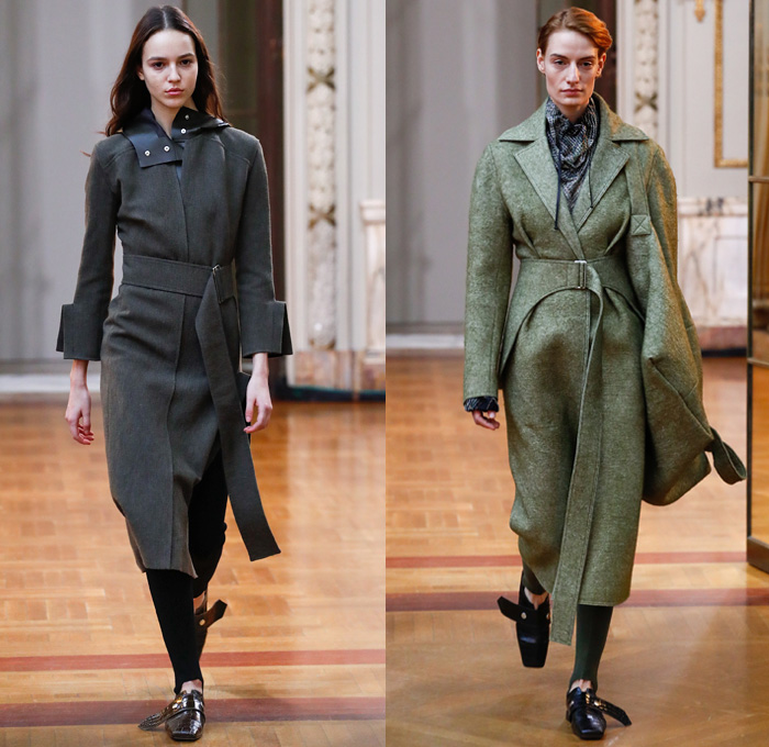 Victoria Beckham 2018-2019 Fall Autumn Winter Womens Runway Catwalk Looks - New York Fashion Week NYFW - Outerwear Overcoat Wool Hoodie Sweatshirt Leather Long Sleeve Blouse Shirt Vest Waistcoat Cargo Pockets Wide Band Belts Curved Hem Drawstring Tie Up Knot Accordion Pleats Jungle Leopard Abstract Animal Print Silk Satin Asymmetrical Hem Drapery Leggings Tights Skirt Maxi Dress Cropped Pants Duvet Shopper Powder Box Long Strap Square Toe Alligator Crocodile Leather Tote Handbag Shoes Footwear