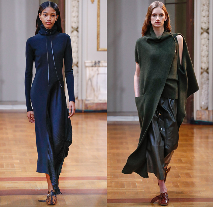 Victoria Beckham 2018-2019 Fall Autumn Winter Womens Runway Catwalk Looks - New York Fashion Week NYFW - Outerwear Overcoat Wool Hoodie Sweatshirt Leather Long Sleeve Blouse Shirt Vest Waistcoat Cargo Pockets Wide Band Belts Curved Hem Drawstring Tie Up Knot Accordion Pleats Jungle Leopard Abstract Animal Print Silk Satin Asymmetrical Hem Drapery Leggings Tights Skirt Maxi Dress Cropped Pants Duvet Shopper Powder Box Long Strap Square Toe Alligator Crocodile Leather Tote Handbag Shoes Footwear