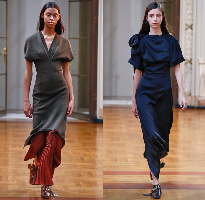 Victoria Beckham 2018-2019 Fall Autumn Winter Womens Runway Catwalk Looks - New York Fashion Week NYFW - Outerwear Overcoat Wool Hoodie Sweatshirt Leather Long Sleeve Blouse Shirt Vest Waistcoat Cargo Pockets Wide Band Belts Curved Hem Drawstring Tie Up Knot Accordion Pleats Jungle Leopard Abstract Animal Print Silk Satin Asymmetrical Hem Drapery Leggings Tights Skirt Maxi Dress Cropped Pants Duvet Shopper Powder Box Long Strap Square Toe Alligator Crocodile Leather Tote Handbag Shoes Footwear