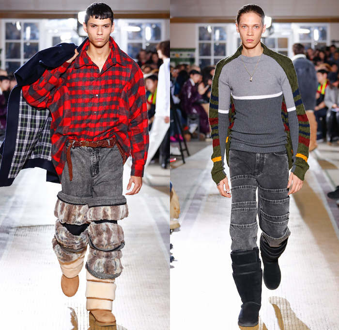 Y/PROJECT 2018-2019 Fall Autumn Winter Mens Runway Show Catwalk Looks - Mode à Paris Fashion Week -  Denim Jeans Tiered Overlapping Elongated Hem Patchwork Retro Faded Acid Wash Trucker Jacket Oversized Outerwear Trench Coat Overcoat Plush Fur Shearling Sheepskin Quilted Waffle Puffer Down Parka Anorak Sweatshirt Leather Suit Blazer Knit Sweater Wool Vest Deconstructed Half Split Extra Panel Hybrid Combo Stripes Fins Normcore Plaid Tartan Check Thigh High Boots Scarf Trainers Sneakers