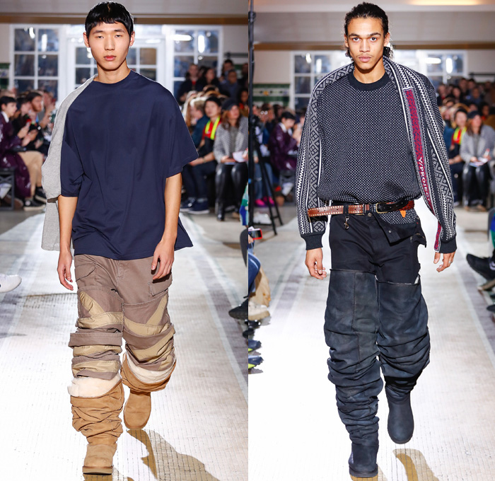 Y/PROJECT 2018-2019 Fall Autumn Winter Mens Runway Show Catwalk Looks - Mode à Paris Fashion Week -  Denim Jeans Tiered Overlapping Elongated Hem Patchwork Retro Faded Acid Wash Trucker Jacket Oversized Outerwear Trench Coat Overcoat Plush Fur Shearling Sheepskin Quilted Waffle Puffer Down Parka Anorak Sweatshirt Leather Suit Blazer Knit Sweater Wool Vest Deconstructed Half Split Extra Panel Hybrid Combo Stripes Fins Normcore Plaid Tartan Check Thigh High Boots Scarf Trainers Sneakers